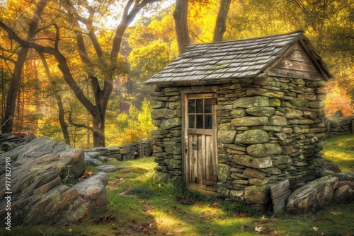 An image of an enchanted woodland cabin nestled among tall trees, a warm glow emanating from its windows, inviting cozy retreat and natural harmon
