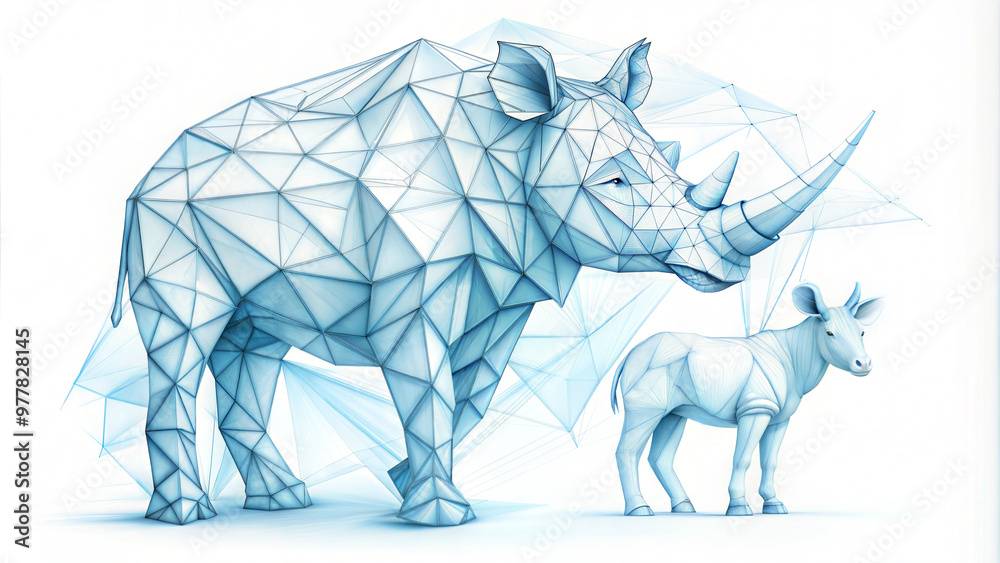 Fototapeta premium Abstract wireframe animal background, geometric rhino and calf, wildlife conservation art