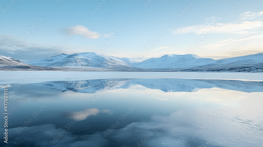A frozen lake reflecting the pale blue sky with a mountain range in the background.