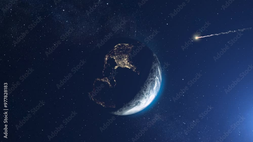 Meteor Asteroid flying toward planet earth
3d rendering of planet earth with potential asteroid threat,4k,2024 
