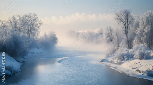 A frosty river winding through a snowy landscape with mist rising from the water and snow-covered trees on both sides.