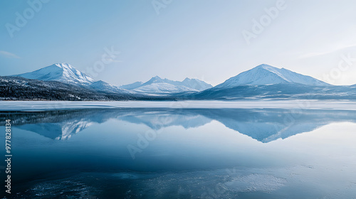 A frozen lake reflecting the pale blue sky with a mountain range in the background.