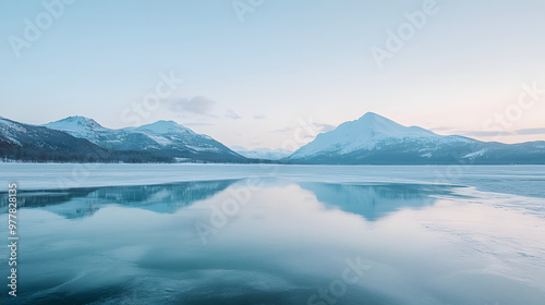 A frozen lake reflecting the pale blue sky with a mountain range in the background.