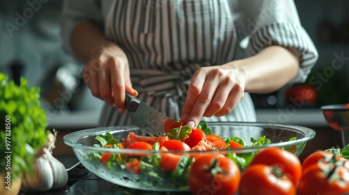 A person skillfully slices tomatoes and combines them with fresh lettuce and garlic in a bowl. The cozy kitchen is well-lit, showcasing culinary activity