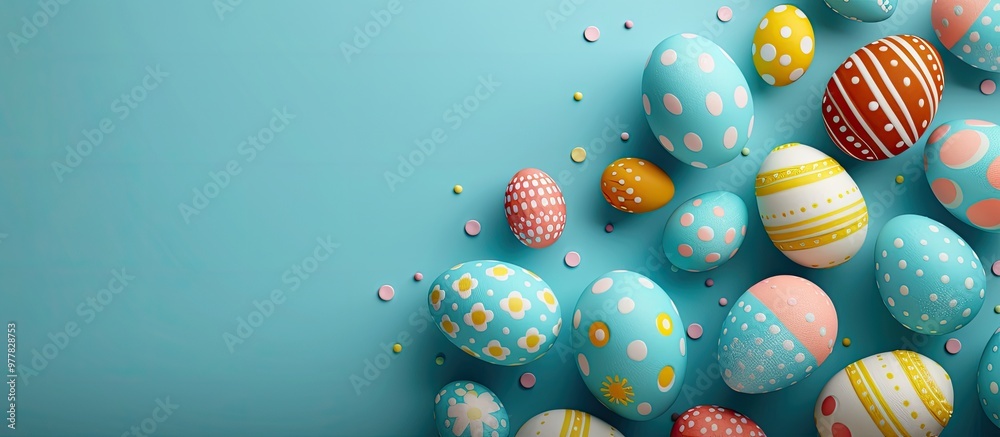 Easter eggs nestled in a blue background Top view with copy space Happy Easter card Easter eggs nestled in a blue background Top view with copy space Happy Easter card