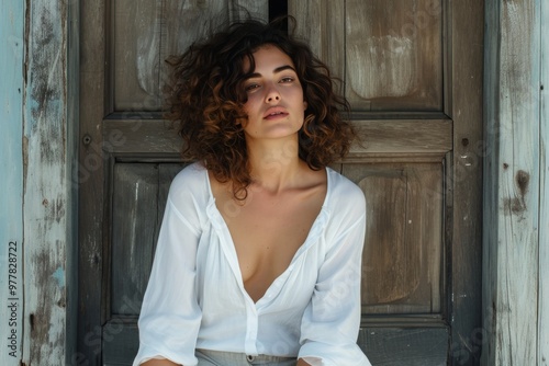 A woman with vibrant curly hair poses relaxed against an old wooden door, exuding a calm demeanor, enjoying the warm sunlight of a beautiful day