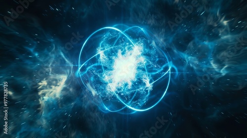 Centered Symmetrical Shot of Glowing Lithium Atom in Cosmic Backdrop
