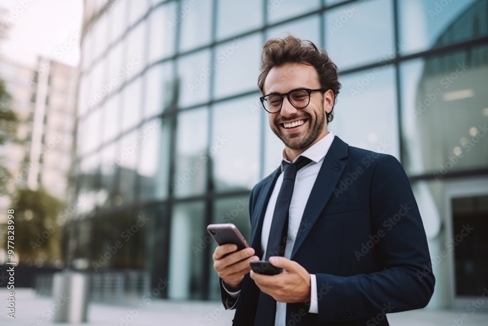 A professional man dressed in a suit and tie stands outside a contemporary glass office building, smiling as he checks his smartphone, enjoying the moment A professional man dressed in a suit and tie stands outside a contemporary glass office building, smiling as he checks his smartphone, enjoying the moment