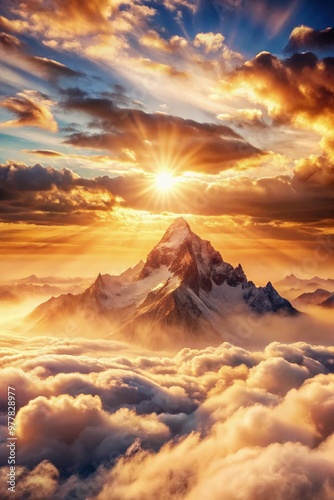 Majestic sunrise over Olympus shrouded in clouds with golden light. Generative AI photo