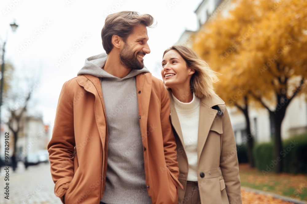 Fototapeta premium A couple strolls happily through a vibrant autumn landscape, surrounded by colorful trees and fallen leaves. Laughter and warmth fill the air as they share a moment together