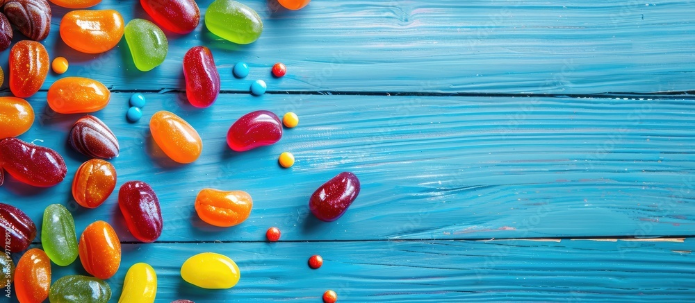 Obraz premium Colorful jelly beans on a blue wooden surface top view Room for text. Copy space image. Place for adding text and design