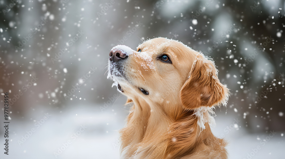 A golden retriever with snow on its nose sitting in a snow-covered forest looking up at falling snowflakes with a curious expression. A golden retriever with snow on its nose sitting in a snow-covered forest looking up at falling snowflakes with a curious expression.