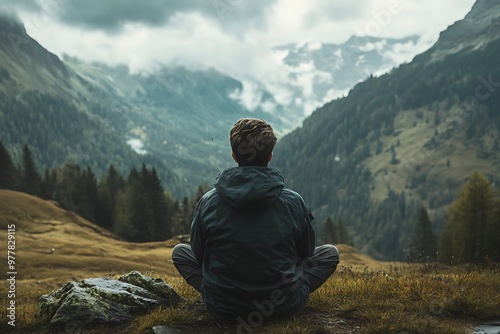Wallpaper Mural Man meditating in nature with mountains and clouds in the background. Concept of peace, serenity, and mindfulness. Torontodigital.ca