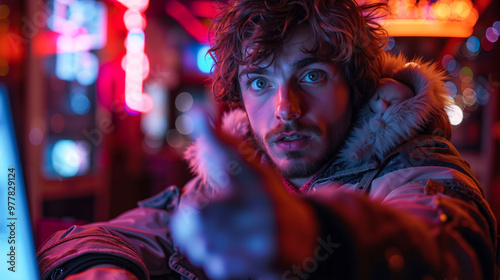 A man in a fur coat pointing at something on a computer screen