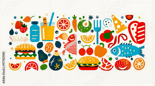 A variety of food items are arranged in a circle