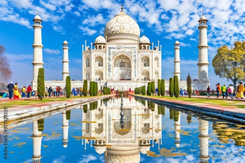 The Taj Mahal's ethereal beauty is mirrored in the calm waters of its pool, a testament to love and architectural splendor that graces India's historical heritag photo