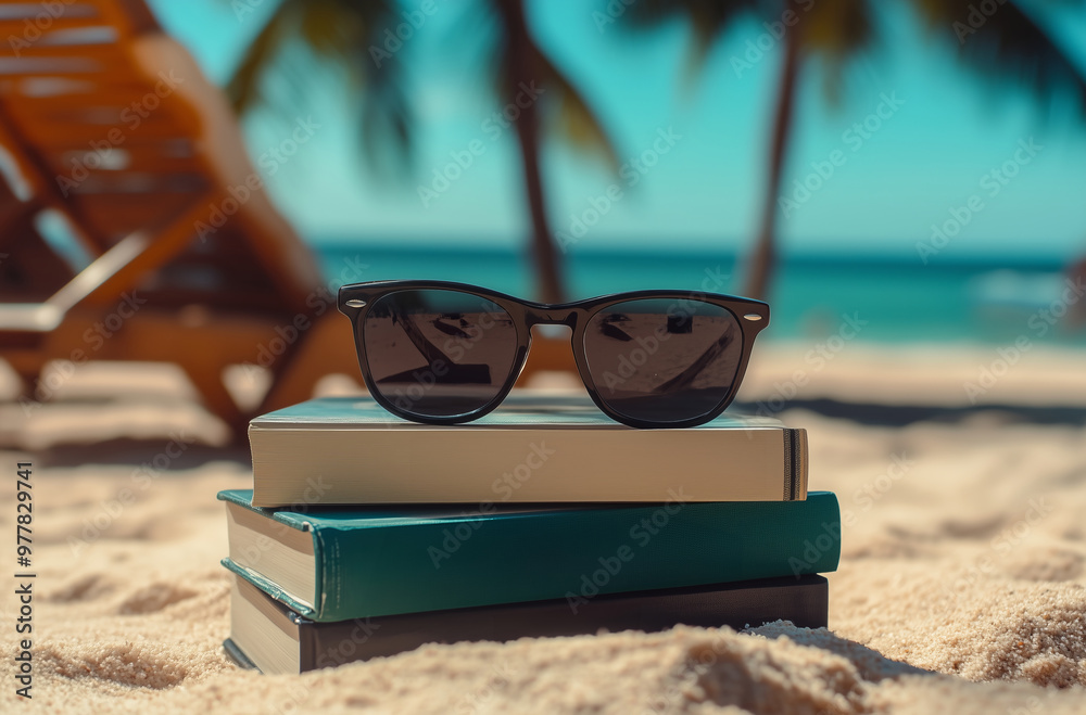A pair of sunglasses rests atop a stack of books on the warm sand by the ocean, with palm trees swaying gently in the background on a sunny day. A pair of sunglasses rests atop a stack of books on the warm sand by the ocean, with palm trees swaying gently in the background on a sunny day.