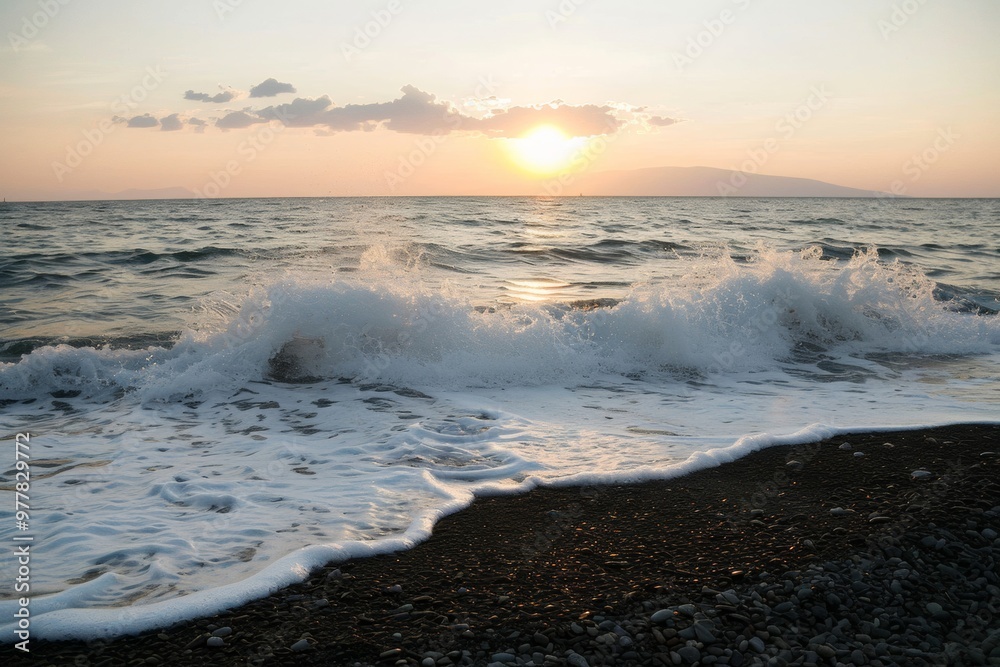 An image of a tranquil beach at sunset, with golden hues painting the sky and gentle waves lapping the shore, creating a moment of serene beaut An image of a tranquil beach at sunset, with golden hues painting the sky and gentle waves lapping the shore, creating a moment of serene beaut