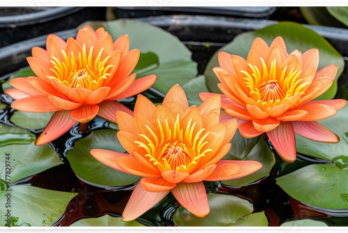 An image of a serene lotus pond with blooming flowers, lily pads, and a sense of zen-like tranquilit photo