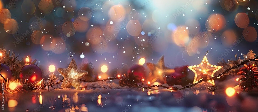 Naklejka premium Holiday backdrop featuring lights and stars. Copy space image. Place for adding text and design