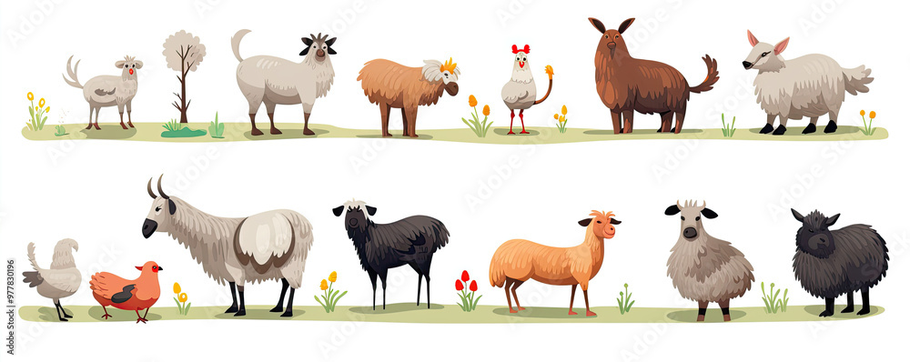 Fototapeta premium Various farm animals on white isolated background. Farm animals like chick, pig, cow, sheep