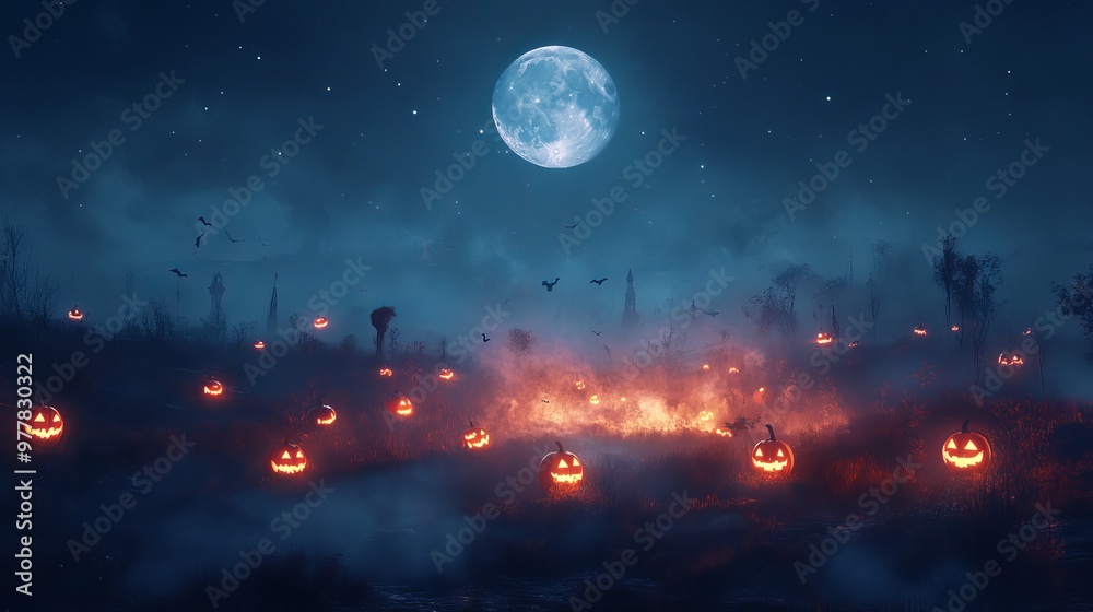 Pumpkins in the night with a full moon and fog. Halloween banner. Pumpkins in the night with a full moon and fog. Halloween banner.
