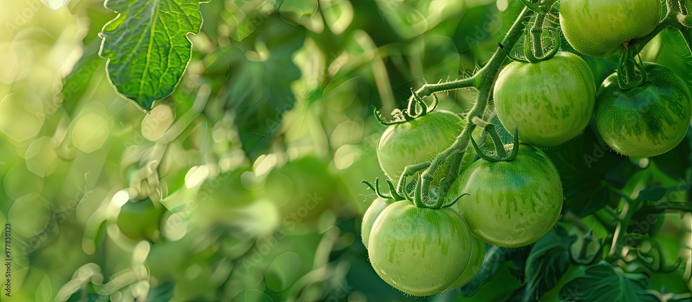 Fototapeta premium Ripe green tomatoes hanging in the garden Bush varieties. Copy space image. Place for adding text and design