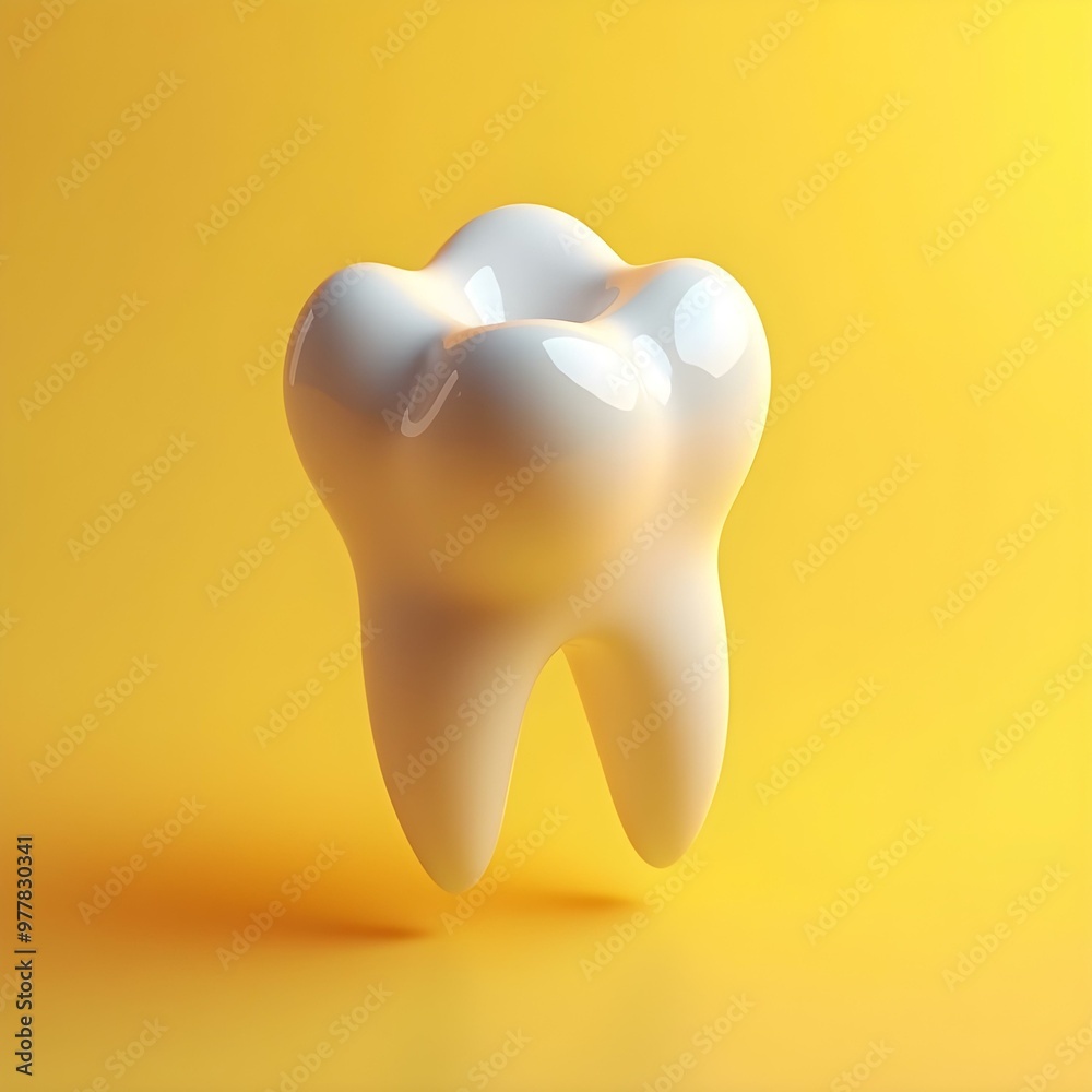 A detailed 3D model of a single tooth centered on a vibrant yellow background, viewed from a front facing angle A detailed 3D model of a single tooth centered on a vibrant yellow background, viewed from a front facing angle