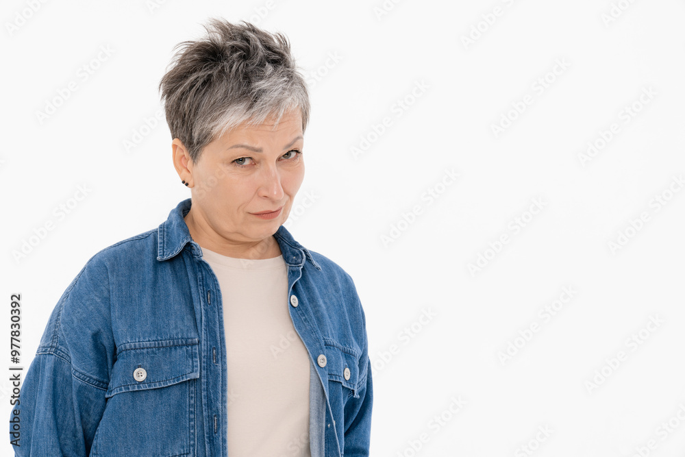 Elegant middle-aged Caucasian woman in casual t-shirt denim jacket in studio setting suspicious uncertain examining you standing isolated on white color background copy space. Elegant middle-aged Caucasian woman in casual t-shirt denim jacket in studio setting suspicious uncertain examining you standing isolated on white color background copy space.