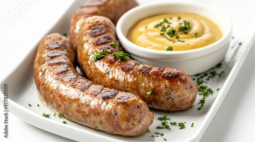 Fototapeta Naklejka Na Ścianę i Meble -  A dish of andouillette sausage with mustard sauce, isolated on a sleek white background for a bold and rustic French dish presentation