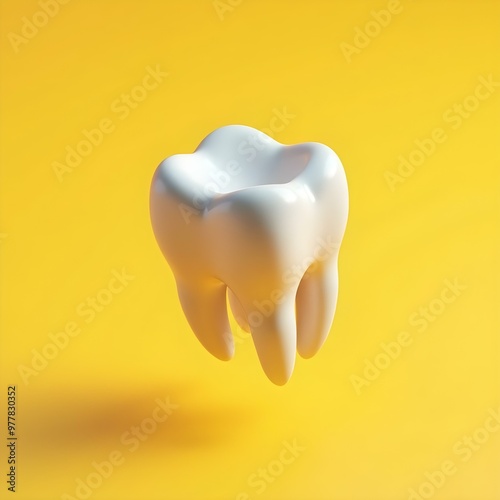 A 3D tooth floating on a solid yellow background, captured from a top-down angle,