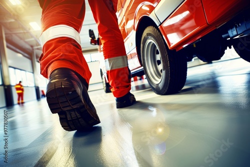 A Photography of A fire truck parked at a fire station, with firefighters on standby, ready to spring into action at a moment's notice, showcasing the readiness of fire departmen