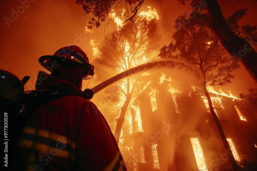 A Photography of A fire truck and firefighters battling a wildfire, with hoses spraying water and specialized equipment used to contain the flames, highlighting the bravery of wildfire fighte
