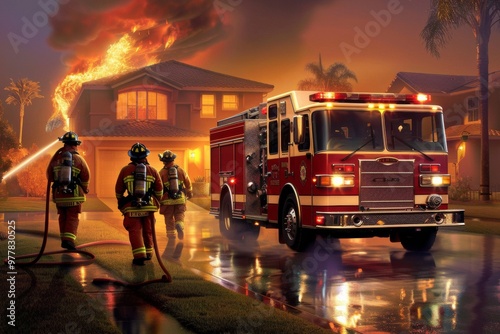 A Photography of A fire truck involved in a confined space rescue operation, where firefighters use specialized equipment to rescue individuals trapped in tight spac