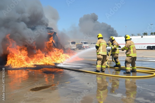 A Photography of A fire truck and firefighters performing a hazardous materials (hazmat) response, demonstrating the specialized training and equipment used to handle chemical emergenci