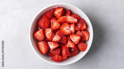 White bowl filled with freshly chopped strawberries on a light gray background, viewed from the top.