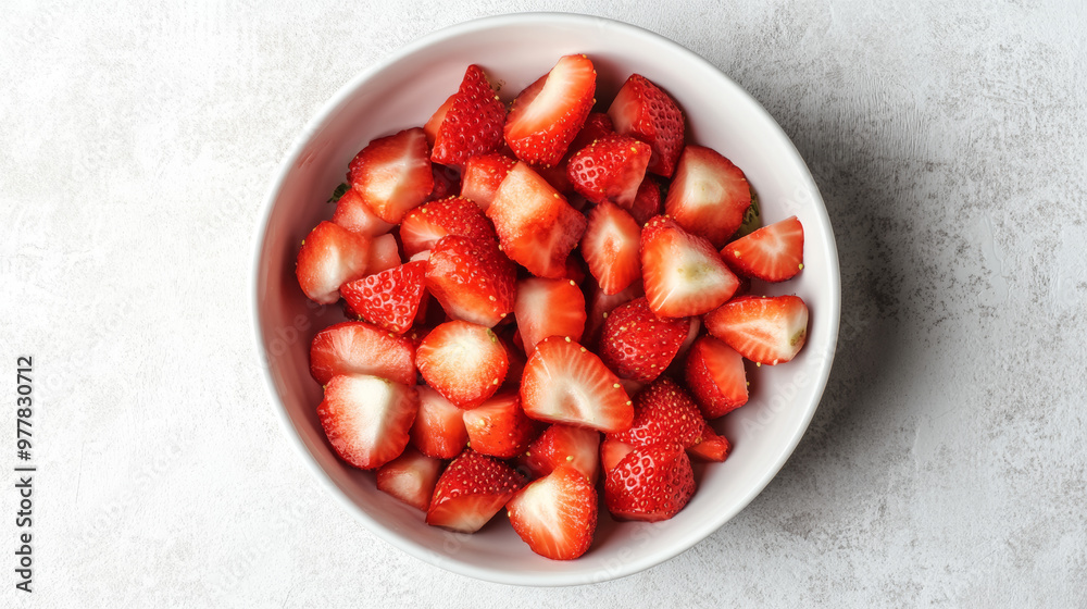 White bowl filled with freshly chopped strawberries on a light gray background, viewed from the top. White bowl filled with freshly chopped strawberries on a light gray background, viewed from the top.