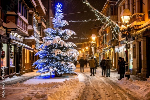 A Photography of A picturesque snowy village square with a towering Christmas tree and a bustling ice skating rink, capturing the enchantment of a winter wonderland during the holida