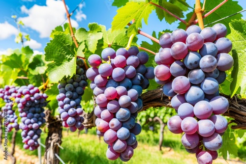 A Photography of A picturesque vineyard in the Marlborough wine region, with rows of grapevines set against a backdrop of rolling hills, highlighting New Zealand's thriving wine indust