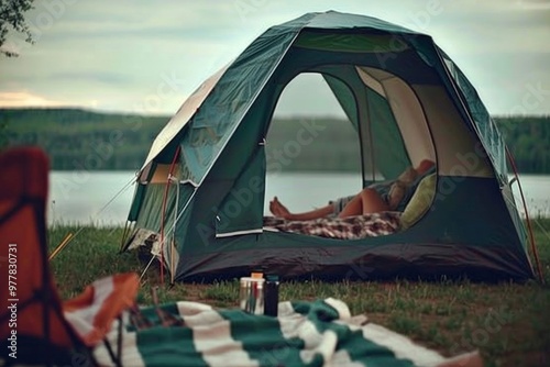 A Photography of A remote wilderness campsite with a cozy tent set up beside a pristine alpine lake, offering a night of stargazing and serenity beneath the clear night s