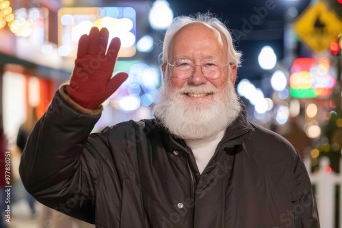 A Photography of A joyful Christmas parade with colorful floats, marching bands, and Santa Claus waving to excited children, spreading holiday cheer in the communi