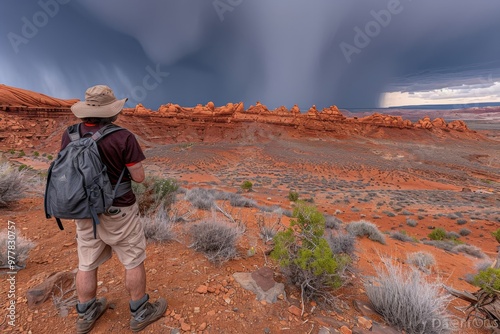 A Photography of A lone backpacker standing on the edge of a breathtaking wilderness overlook, gazing out at a vast and untouched landscape, feeling humbled by the grandeur of natu