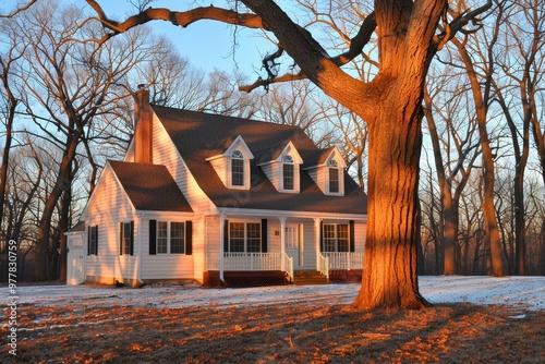 A Photography of A picturesque winter landscape with snow-covered trees and a cozy cabin nestled in the woods, capturing the serene beauty of a snowy winter d