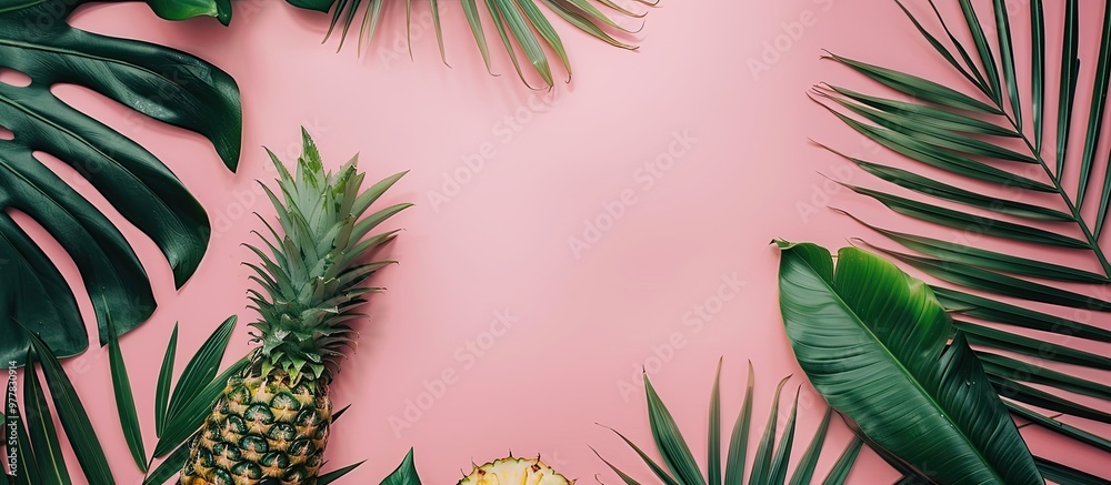 Naklejka premium Creative flat lay top view featuring green tropical palm leaves on a millennial pink paper background alongside pineapples with copy space available Minimalist tropical palm leaf plants summer concep