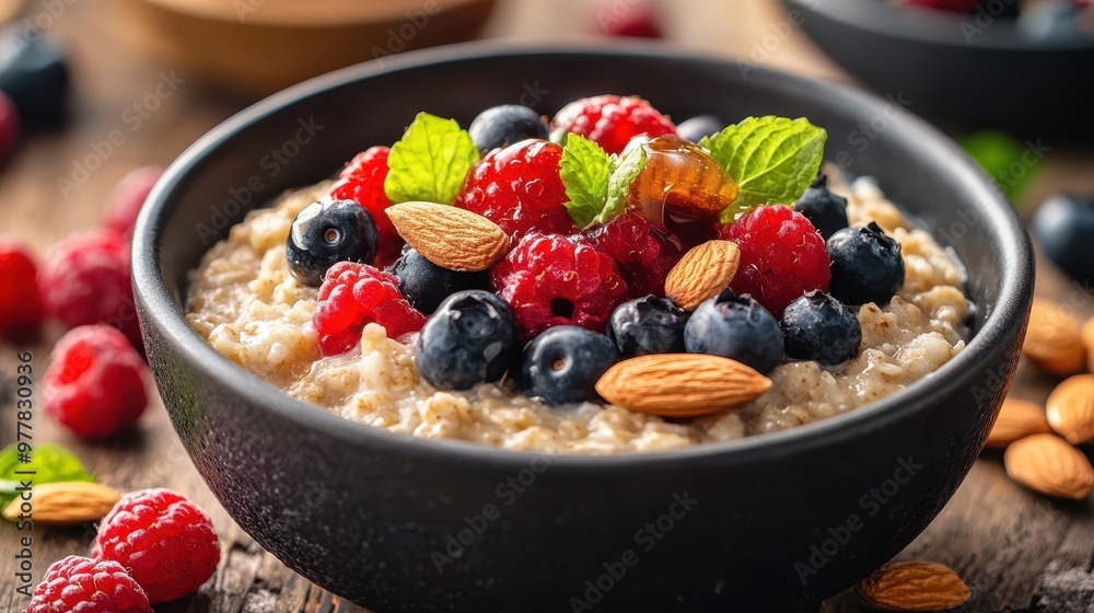 A bowl of oatmeal topped with vibrant fresh berries, almonds, and a mint garnish on a rustic wooden table, ideal for promoting healthy breakfast ideas and wholesome living, A bowl of oatmeal topped with vibrant fresh berries, almonds, and a mint garnish on a rustic wooden table, ideal for promoting healthy breakfast ideas and wholesome living,