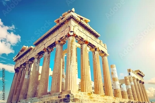 A Photography of The ancient ruins of the Parthenon atop the Acropolis in Athens, bathed in golden sunlight, showcasing the architectural grandeur of ancient Gree