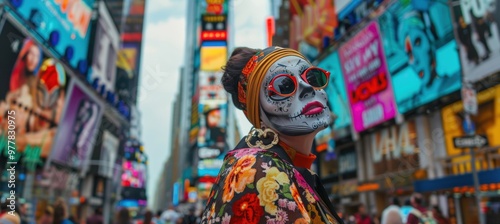 Modern La Catrina with Stylish Sunglasses in Bustling City Street - Fusion of Tradition and Modernity