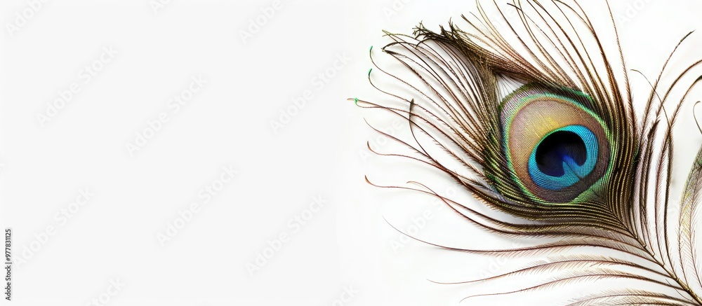 Obraz premium peacock feather on a white background with text copyspace