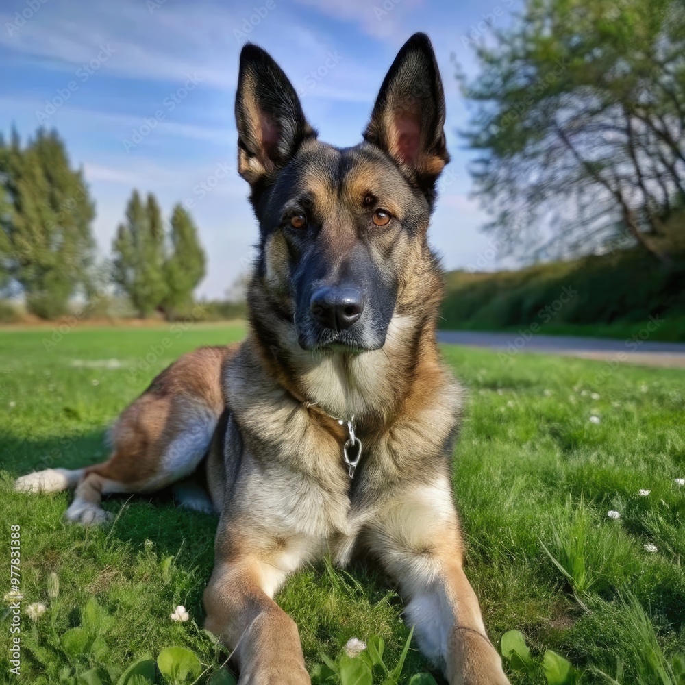 Belgian Malinois husky mix relaxing on green grass under a clear blue sky. Generative AI Belgian Malinois husky mix relaxing on green grass under a clear blue sky. Generative AI
