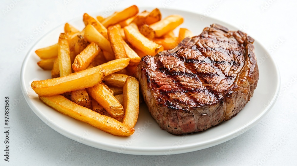 A plate of steak frites with a juicy steak and golden French fries, isolated on a matte white background for a classic bistro feel A plate of steak frites with a juicy steak and golden French fries, isolated on a matte white background for a classic bistro feel